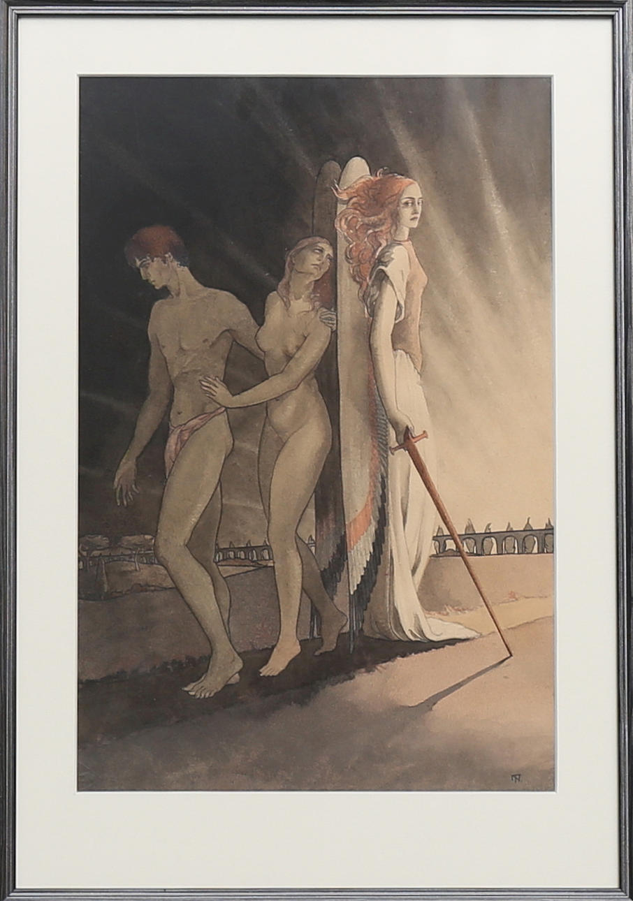 OIDENTIFIERAD KONSTNÄR. Utdrivningen ur paradiset, gouache. Monogramsignerad TN och daterad 1943.