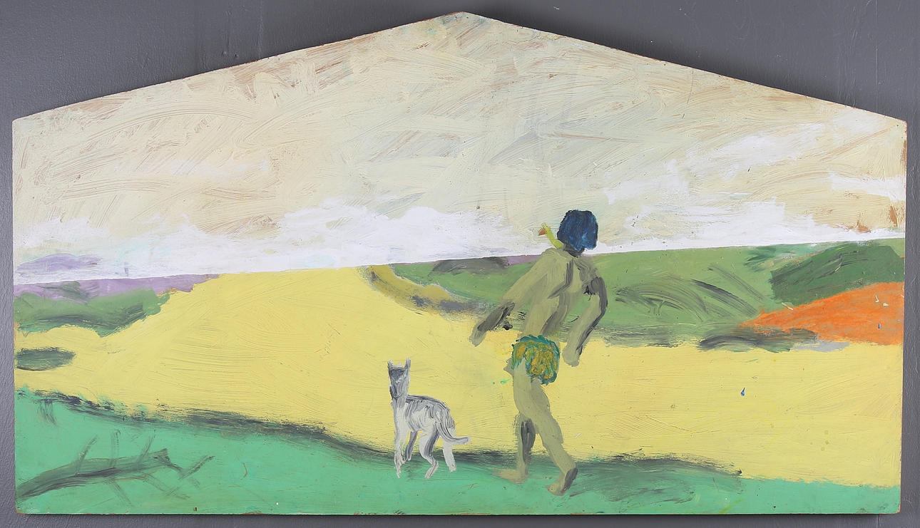 ERNST BILLGREN. Man med hund på promenad, olja på pannå, signerad och daterad -91 á tergo.