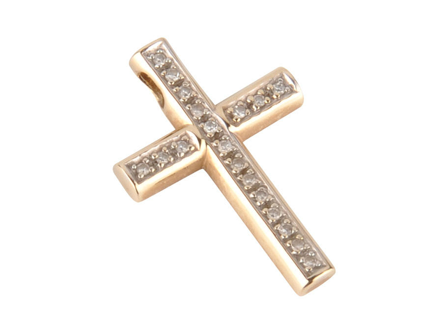 Korshängsmycke ”Kristus”, 19 diamanter ca. 0.08 ct 585 gult guld ca. 2,2 g.