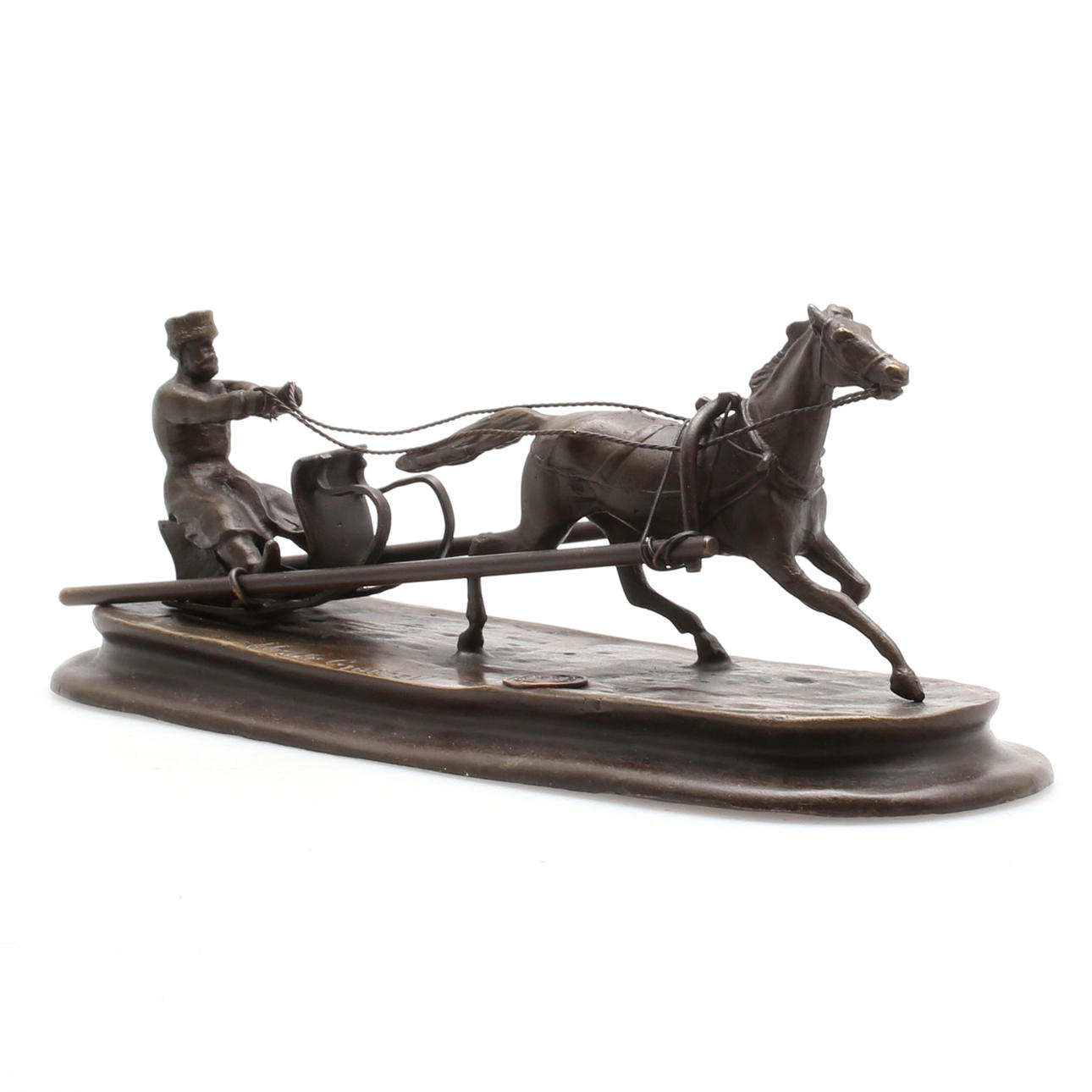 BRONSSTATY, föreställande man i släde efter häst, efter Vasile Grachev, sent 1900-tal/samtida.