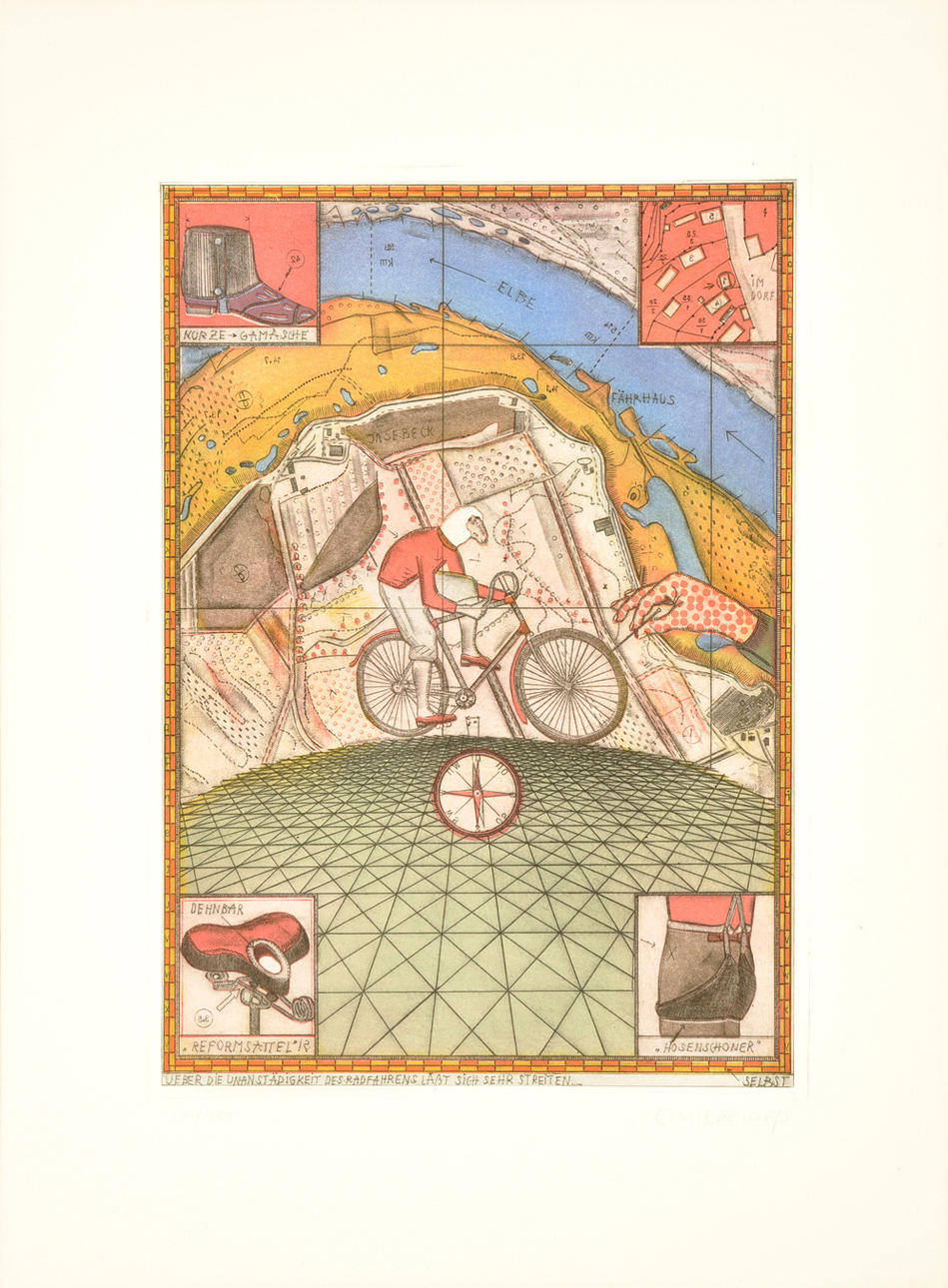 JOHANNES VENNEKAMP. ”På oanständighet av cykling.” Färg etsning 10/100.