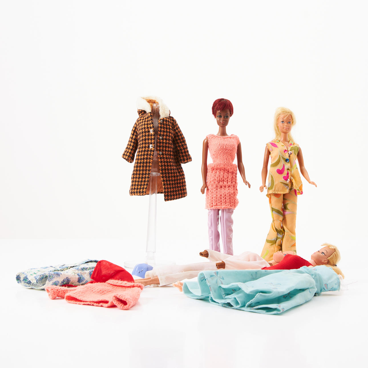 BARBIE, 2 pcs., JULIA, Mattel, CLONE DOLL, marked Camay, Barbie with pony tail, odd clothes not original, 1960s/1970s.