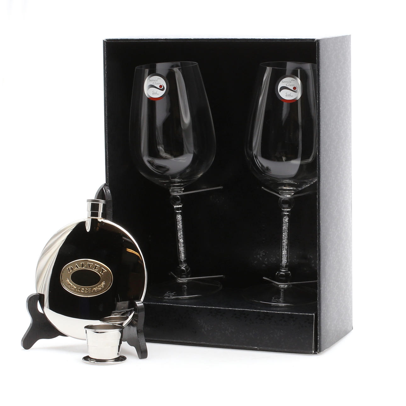 VINGLAS, ett par, Sensis, samt PLUNTA, stål, Dalvey, samtida.