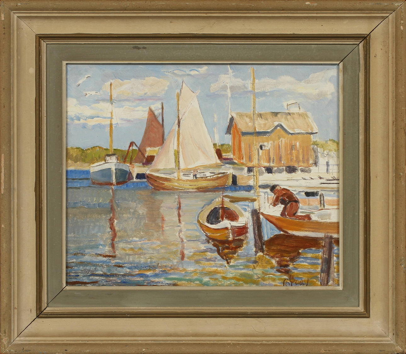 CARL-OTTO ELLIOT. Fiskeläge, olja på pannå,. Signerad.