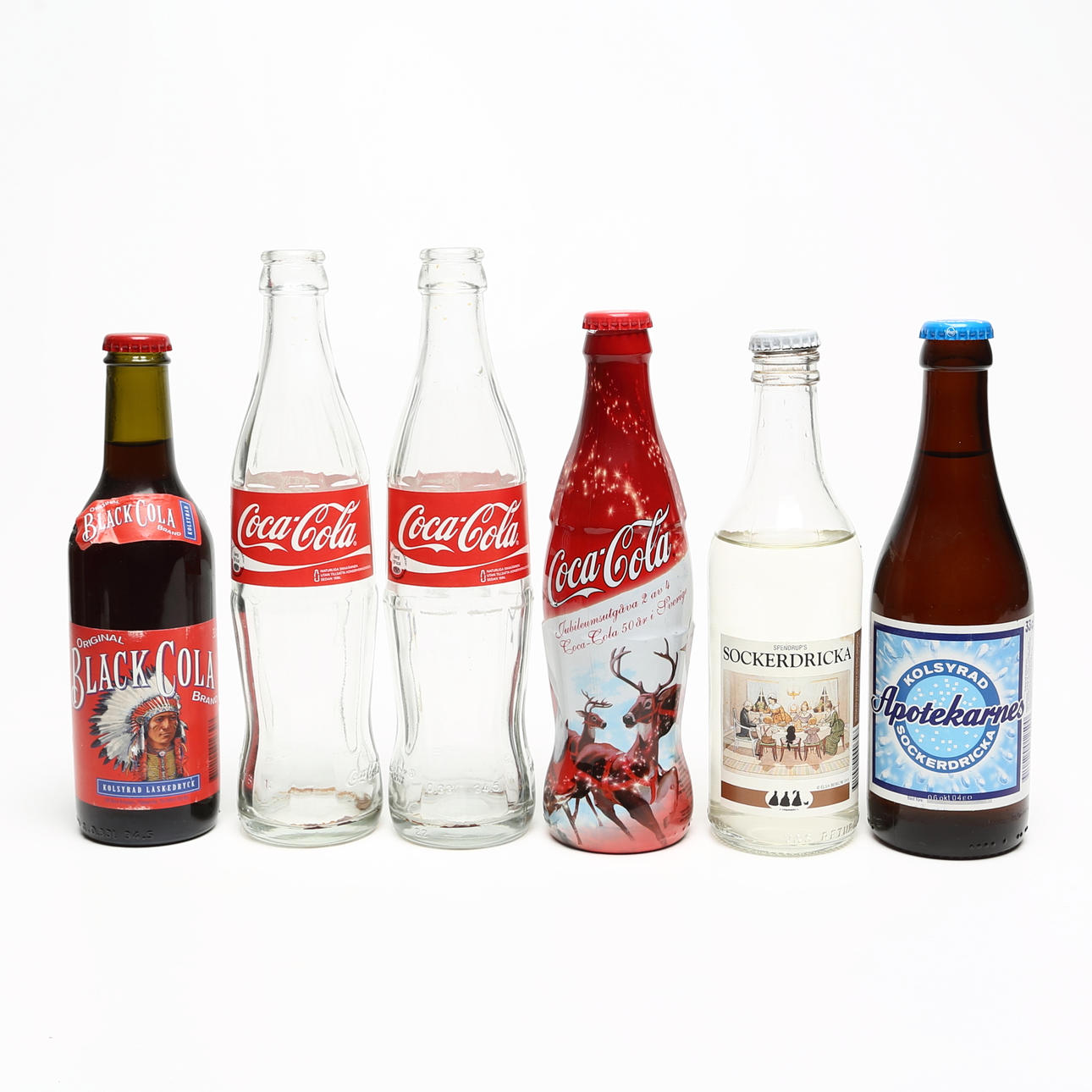 USE BOTTLES, 6 pcs, including Coca Cola, partially unopened.