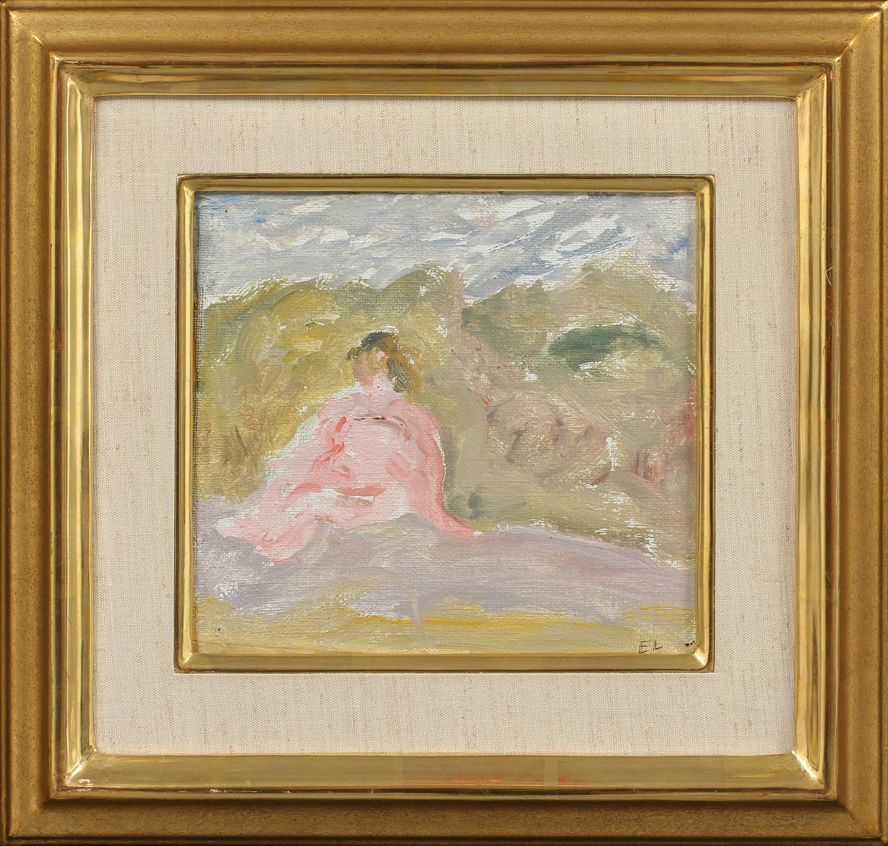 EVERT LUNDQVIST. Figur i grönska, olja på duk, uppfodrad, signerad med initialer.