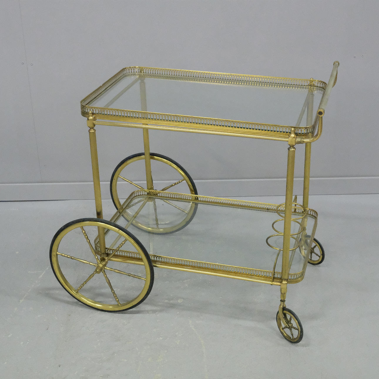 SERVING TROLLEY, BRASS AND GLASS.