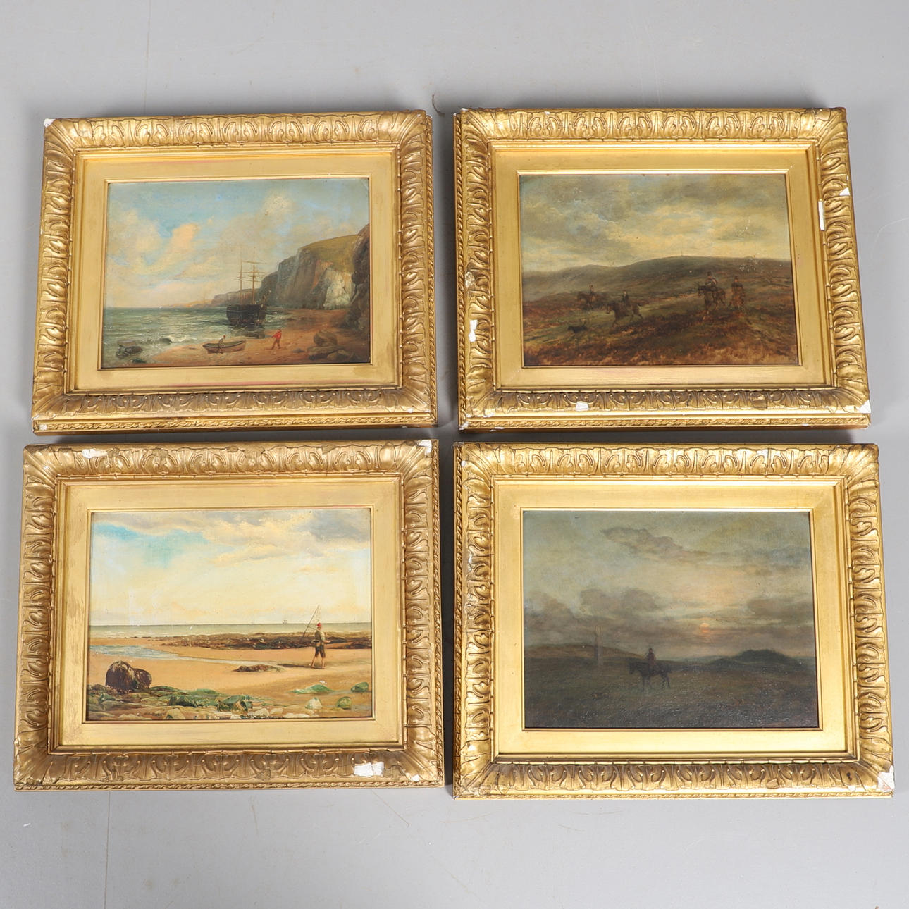 THOMAS CLIFTON PARIS (FL.C.1840-1880?). FISHERMEN UNLOADING A BOAT; FISHERMEN ON A BEACH; RIDING ON THE MOOR; HORSEMAN AT SUNSET ON A HEATH.