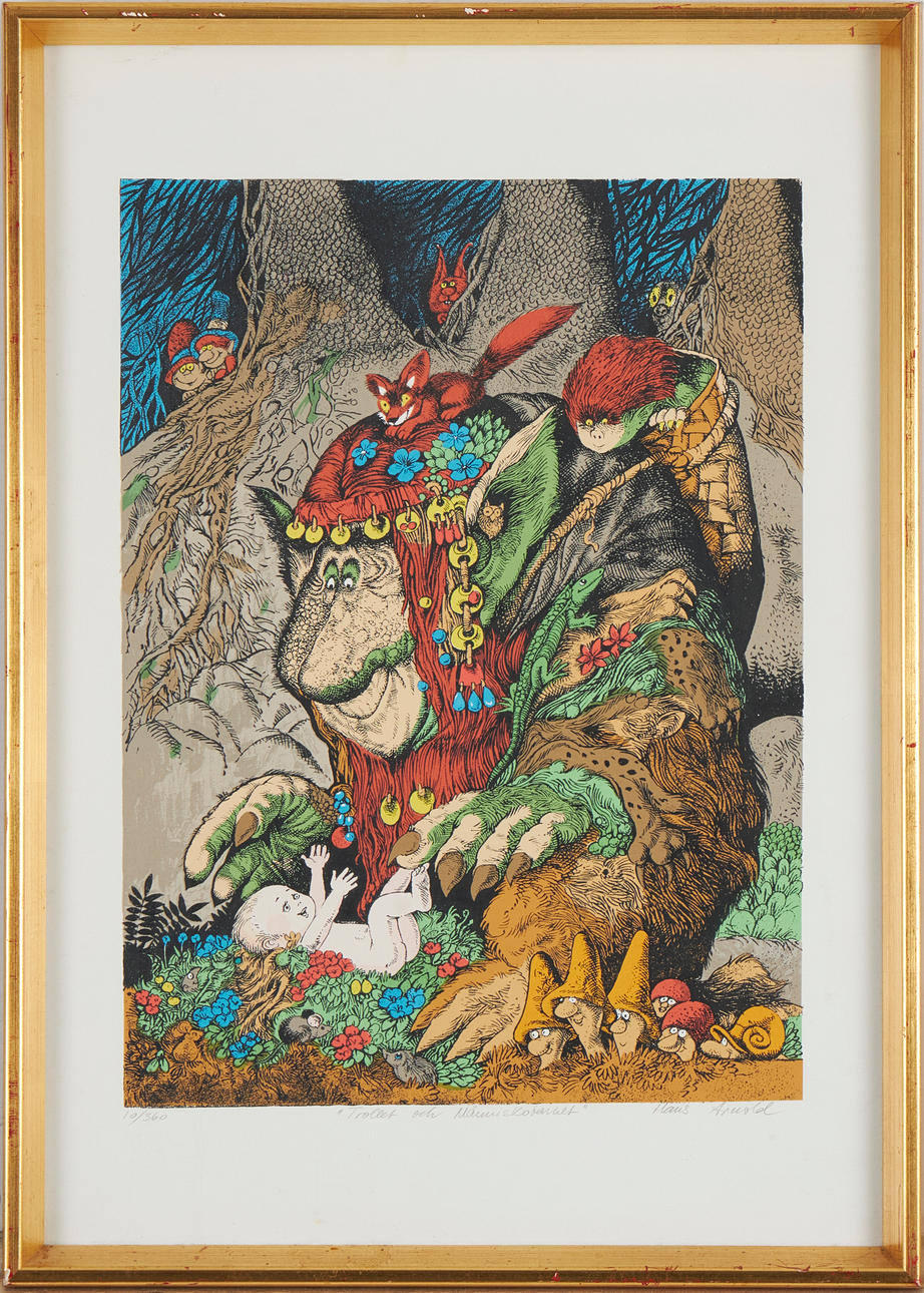 HANS ARNOLD. “The troll and the human child”, lithograph in colours, signed and numbered 10/360.