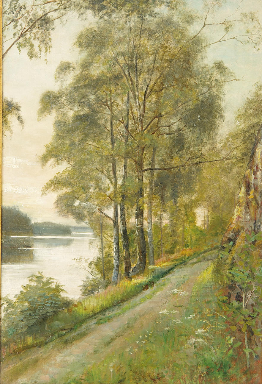 SEVERIN NILSSON. TILLSKRIVEN. Björkar vid sjö, olja på duk, osignerad.