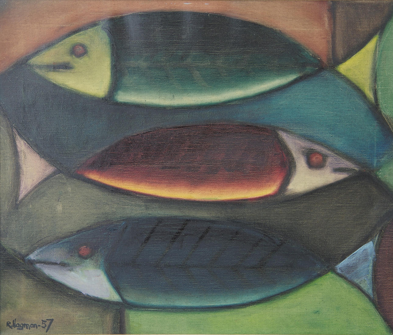 OIDENTIFIERAD KONSTNÄR. Stilleben med fiskar, olja på duk, signerad R. Hagman -57.