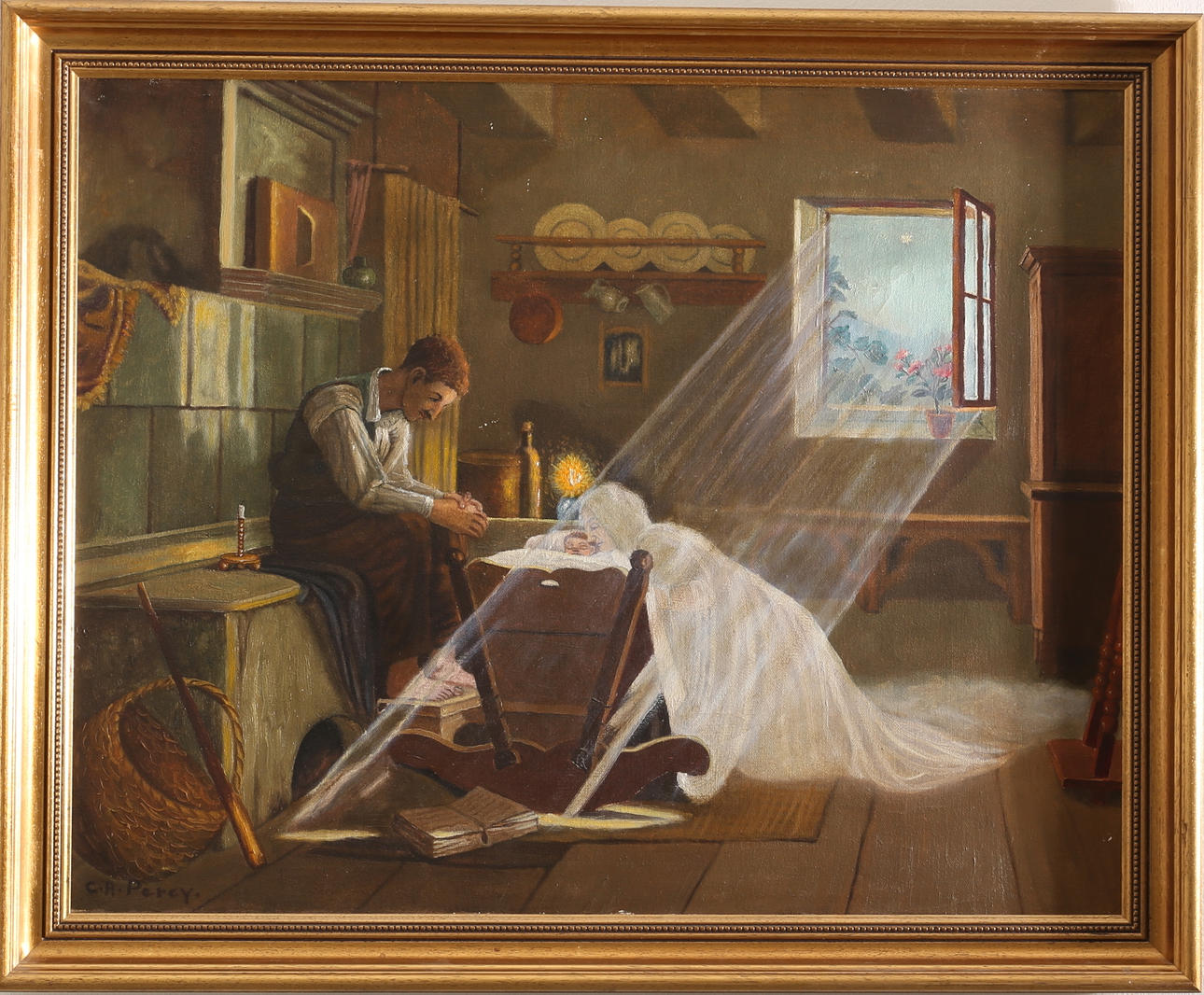 OIDENTIFIERAD KONSTNÄR. Interiör, olja på duk. Signerad C.H. Percy.
