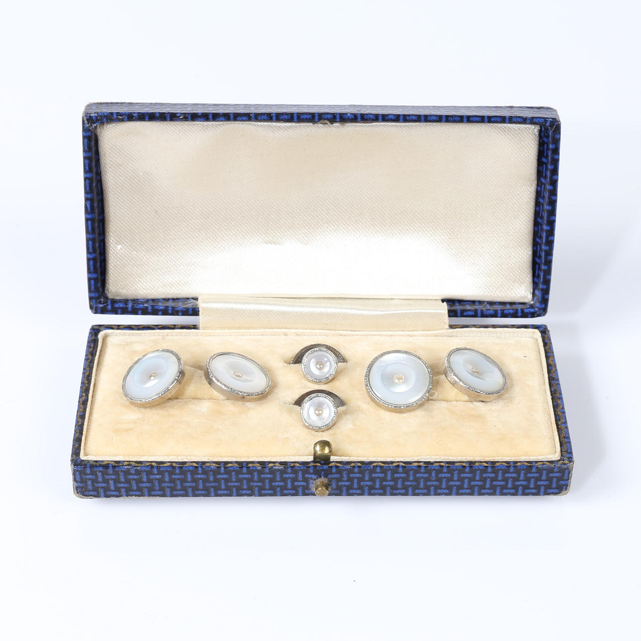 WHITE METAL ART DECO CUFFLINK AND BUTTON STUD SET.