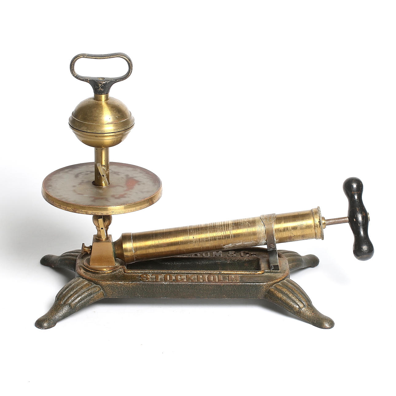 VAKUMPUMP, gjutjärn, mässing och glas, undervisningsmaterial, Svanström & Co, Stockholm, 1900-talets första hälft.