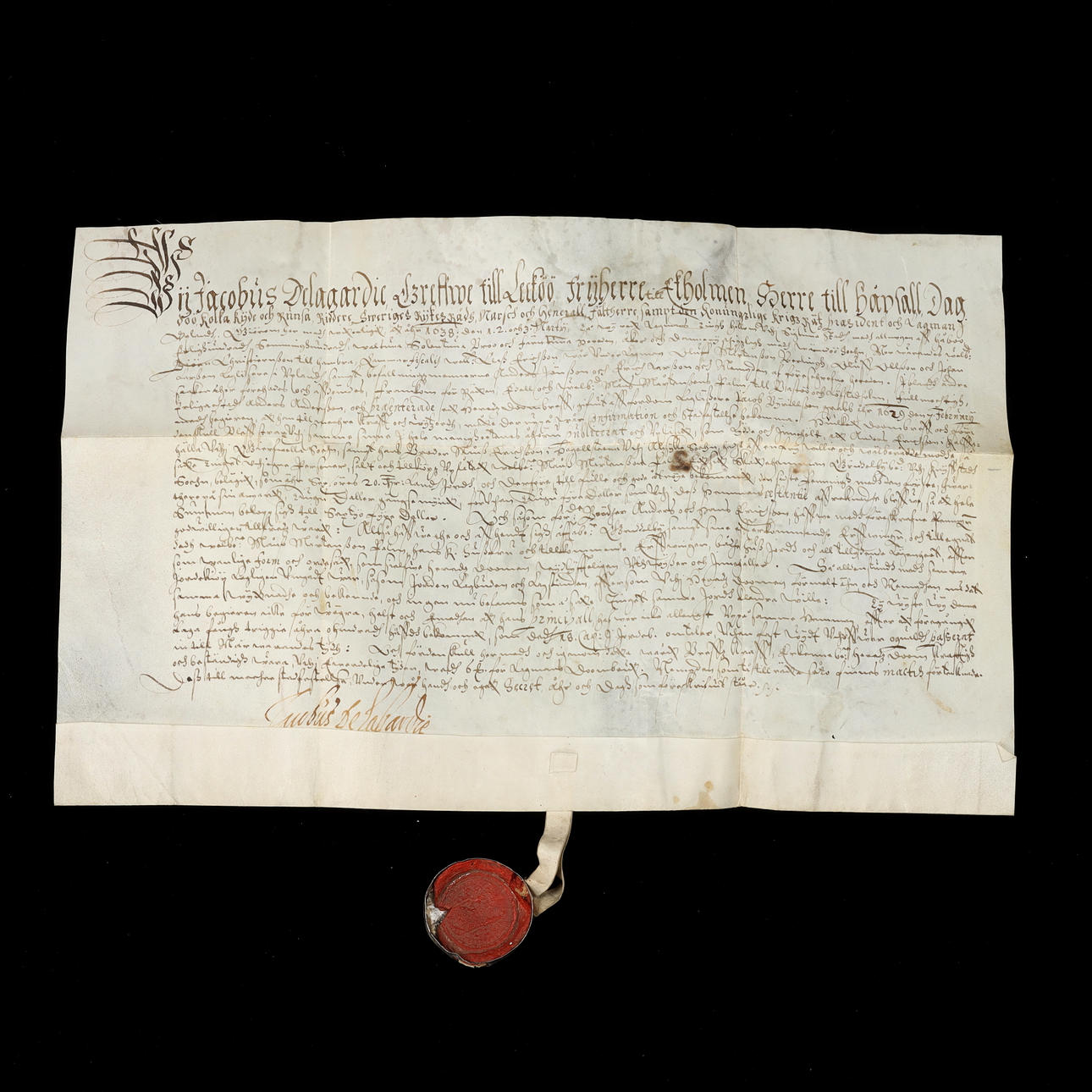 JACOB DE LA GARDIE. Signed document, 1638.