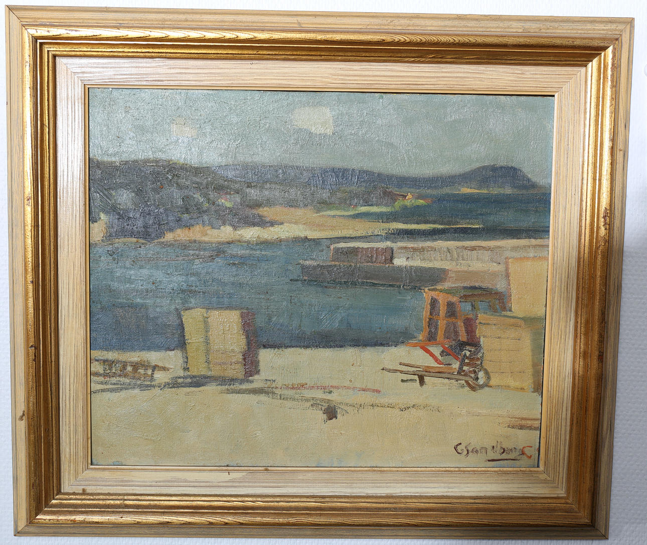 GOTTHARD SANDBERG. Olja på pannå, "Hamn, Baskemölla", signerad G Sandberg.