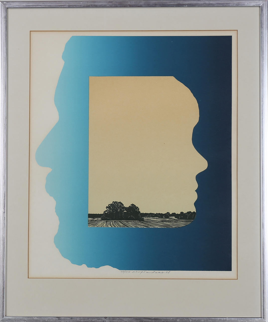 OLOF SANDAHL. Surrealistiskt landskap, färglitografi. Signerad Olof Sandahl -78 och numrerad 48/100.