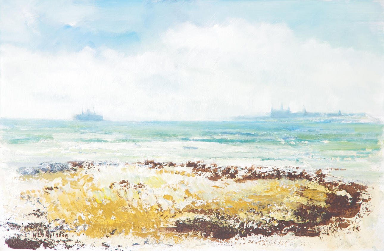 NEG NILSSON. Kustlandskap med Kronborg, olja på pannå, signerad.