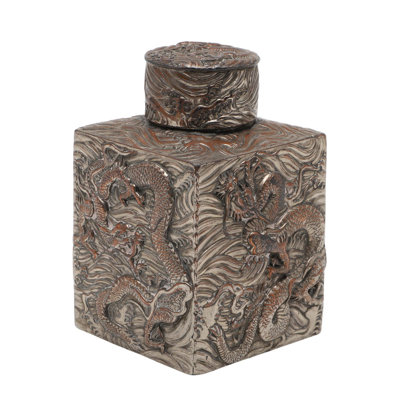 A SILVER PLATED CHINESE TEA CADDY.