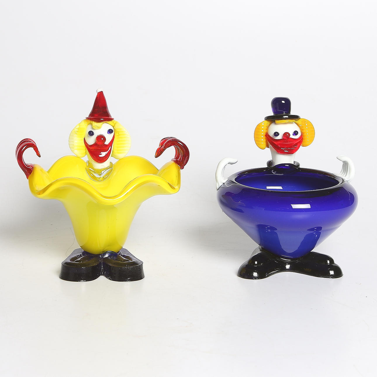 SKULPTURER, 2 st, glas, Clowner, Murano. Italien.