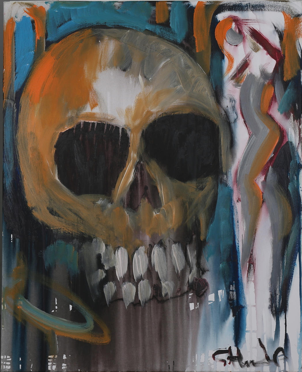 GÖRAN HAUSENKAMP. Modell med dödskalle, olja på duk, signerad G Hausenkamp.