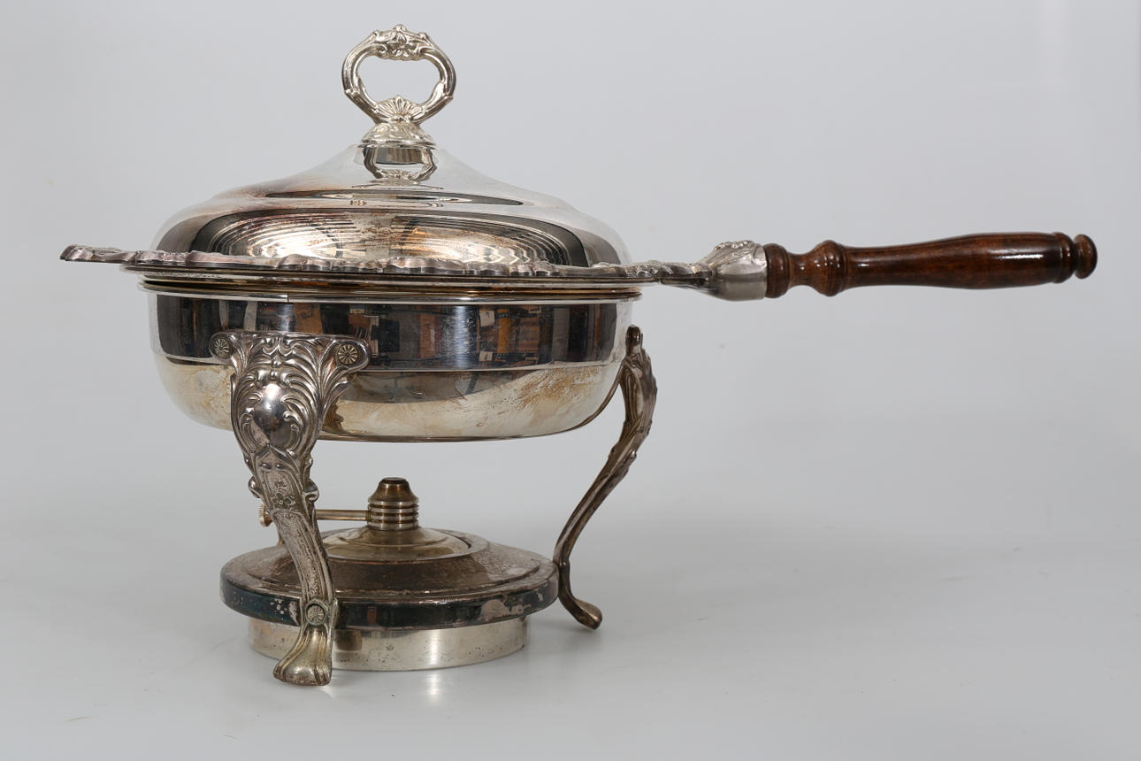 TRAKTÖRPANNA MED RECHAUD, nysilver, Taunton Silvermiths Ltd, 1900-tal.