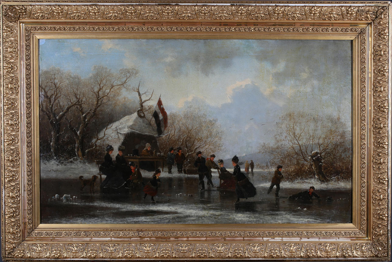 CHARLES FERDINAND DE LA ROCHE. Winterlandschaft mit Eisläufern, Öl auf Leinwand, signiert de la Roche.