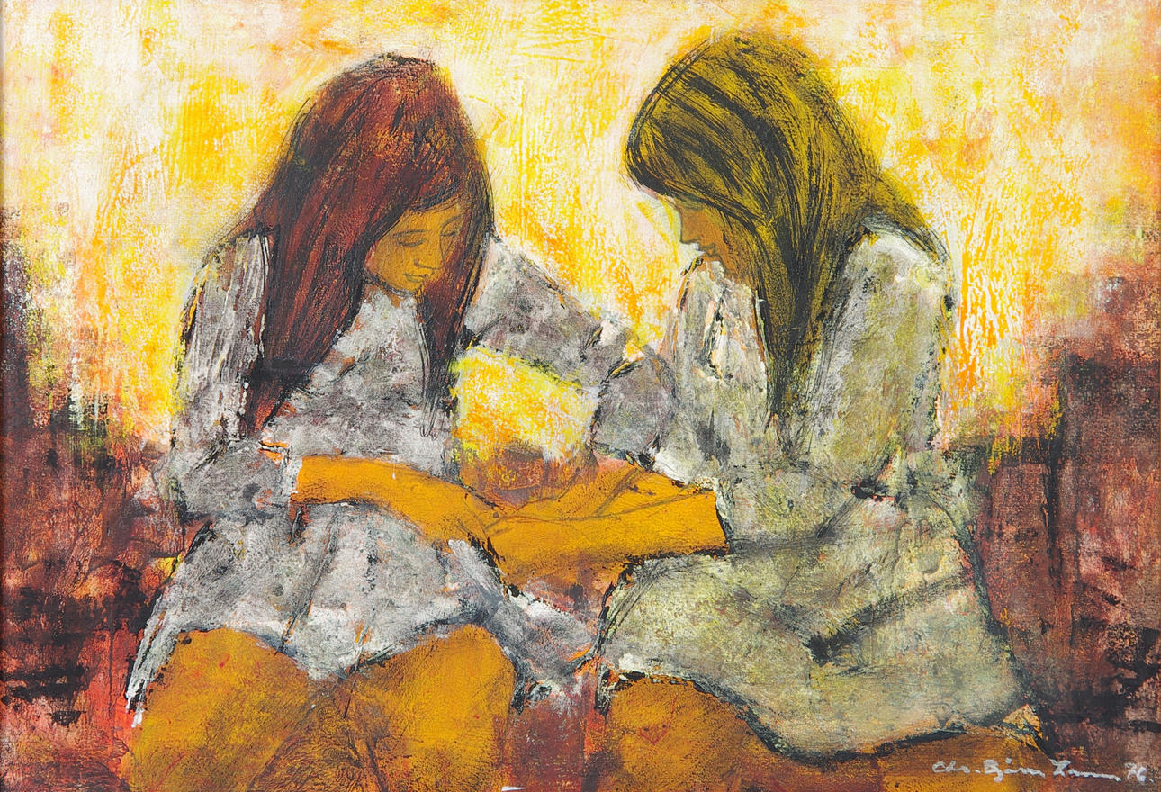 OIDENTIFIERAD KONSTNÄR. Lekande flickor, olja på pannå, otydligt signerad -76.