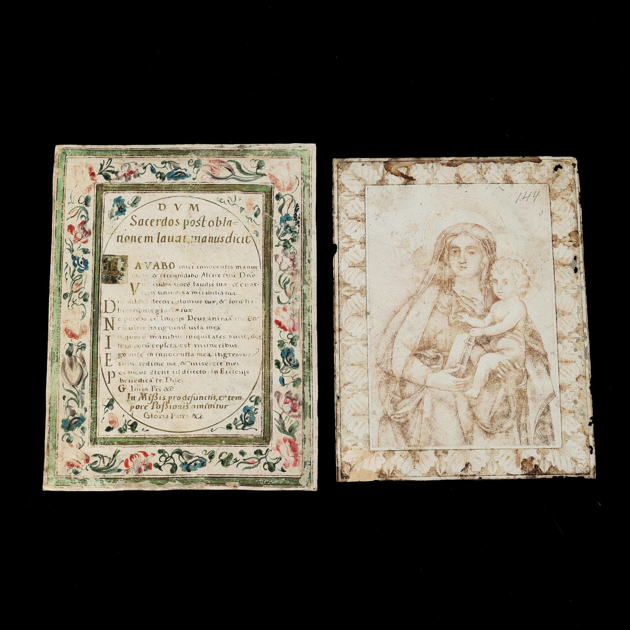 2 HAND-COLOURED RELIGIOUS DOCUMENTS, c. 16/18th century.
