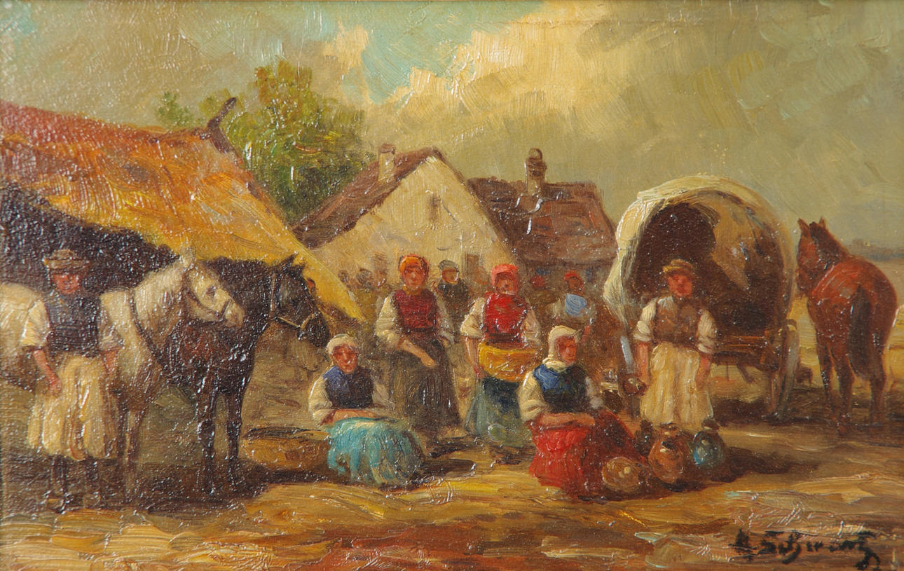 ADOLF SCHWARTZ. Marknad, olja på pannå, sekelskiftet 1800/1900, signerad A. Schwartz.