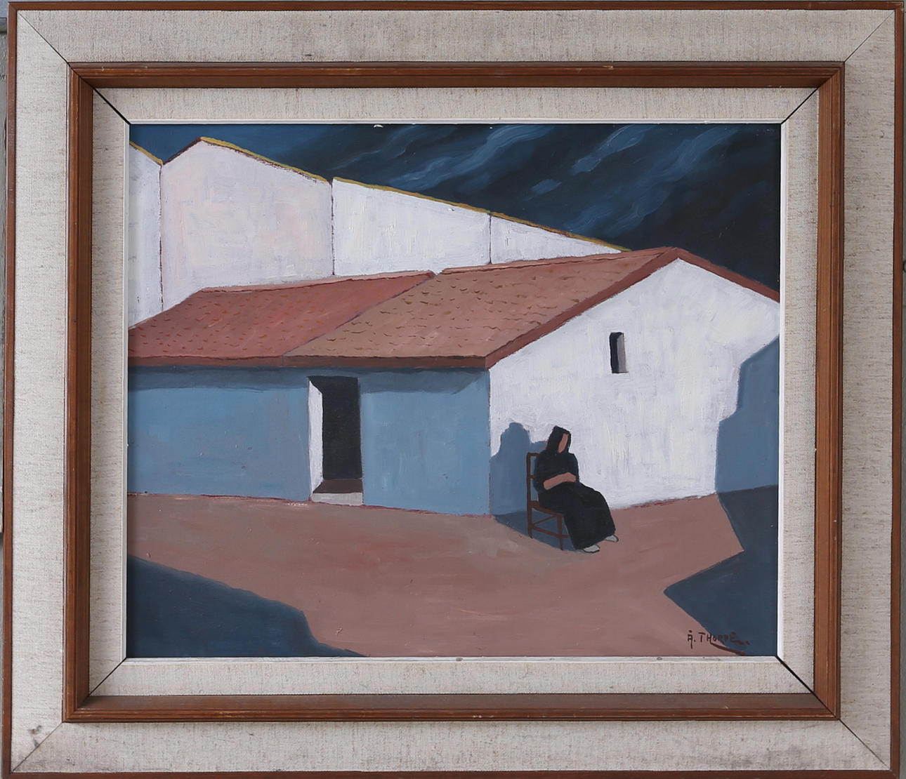 ÅKE THORPE. Damen vid gaveln, olja på pannå, signerad Å.Thorpe, 1900-talets senare del.