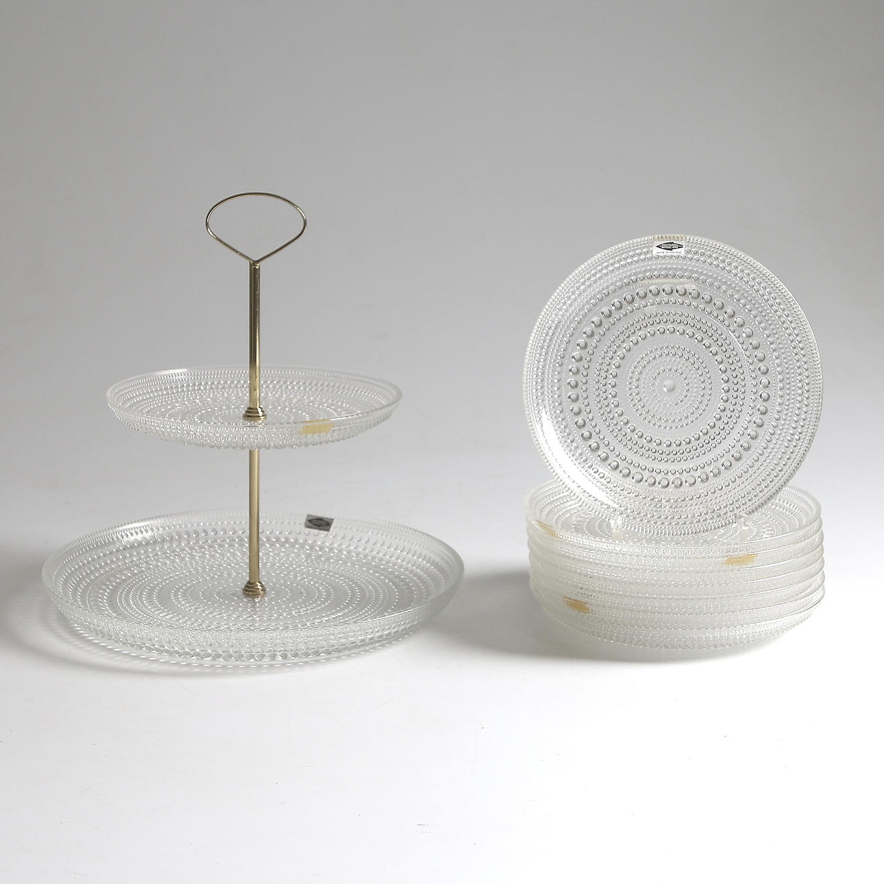 KAKFAT samt ASSIETTER, 9 delar, "Kastehelmi", Oiva Toikka, Nuutajärvi, Notsjö, Finland.