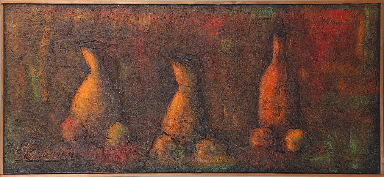 OIDENTIFIERAD KONSTNÄR. KRUKORNA, stilleben, blandteknik, 1900-talets senare del.