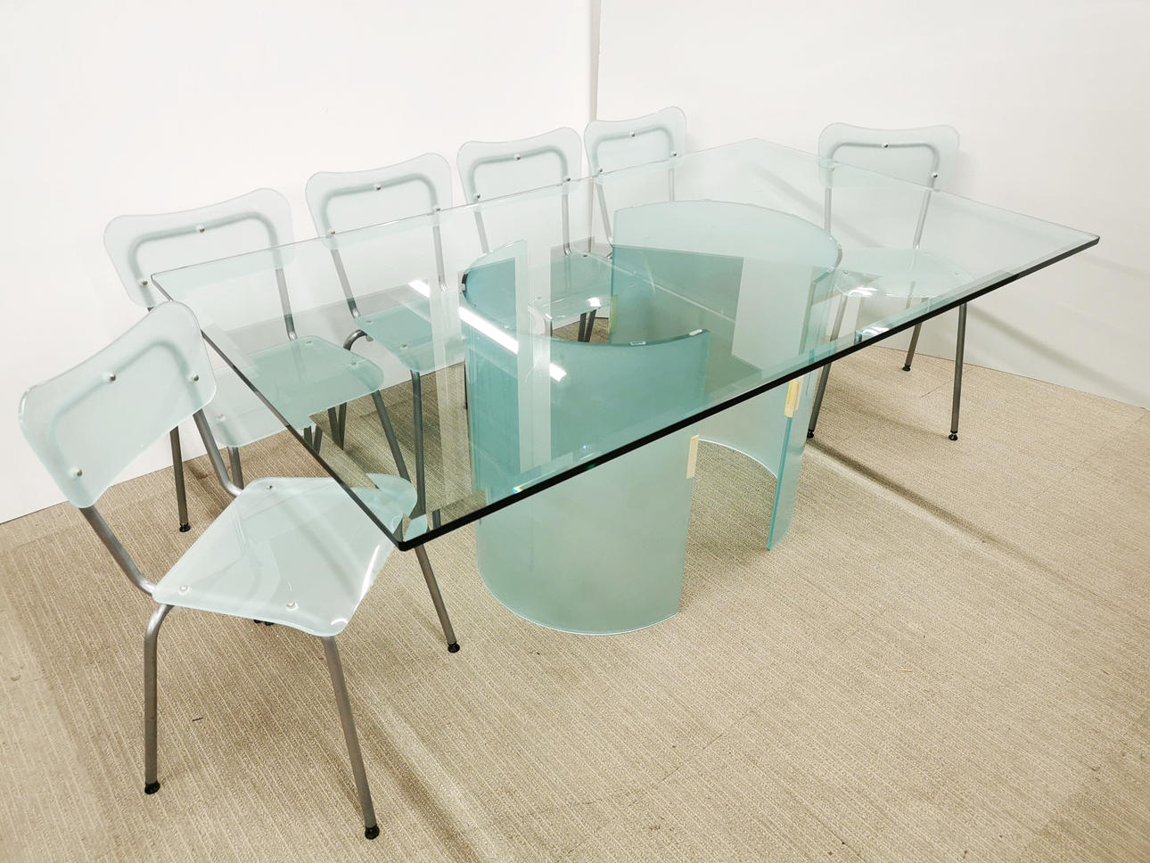 FROSTED GLASS DINING TABLE AND SIX CHAIRS.
