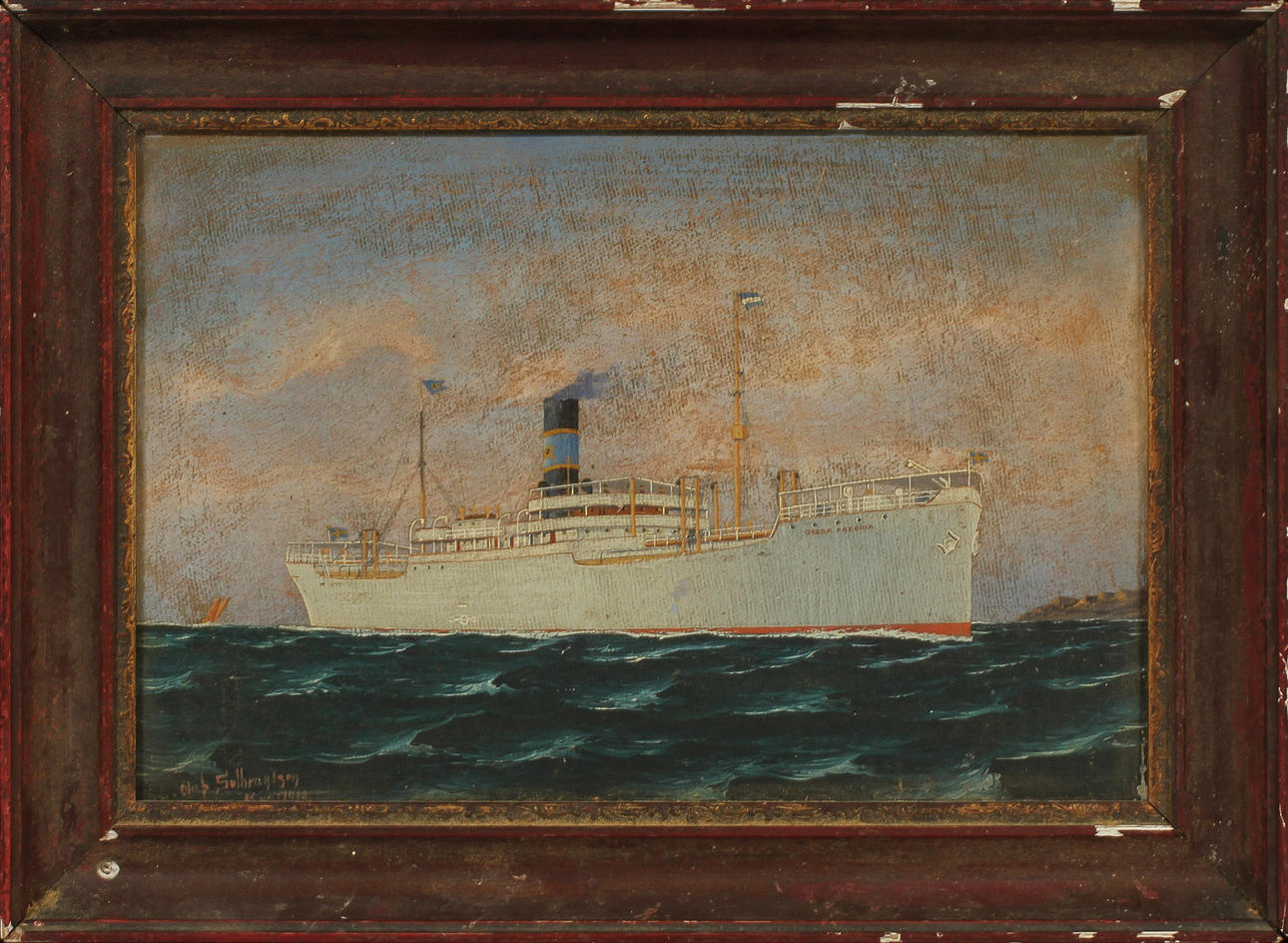 OLAF GULBRANDSEN. Skeppsporträtt, "Oscar Fredrik", olja på pannå, signerad och daterad.