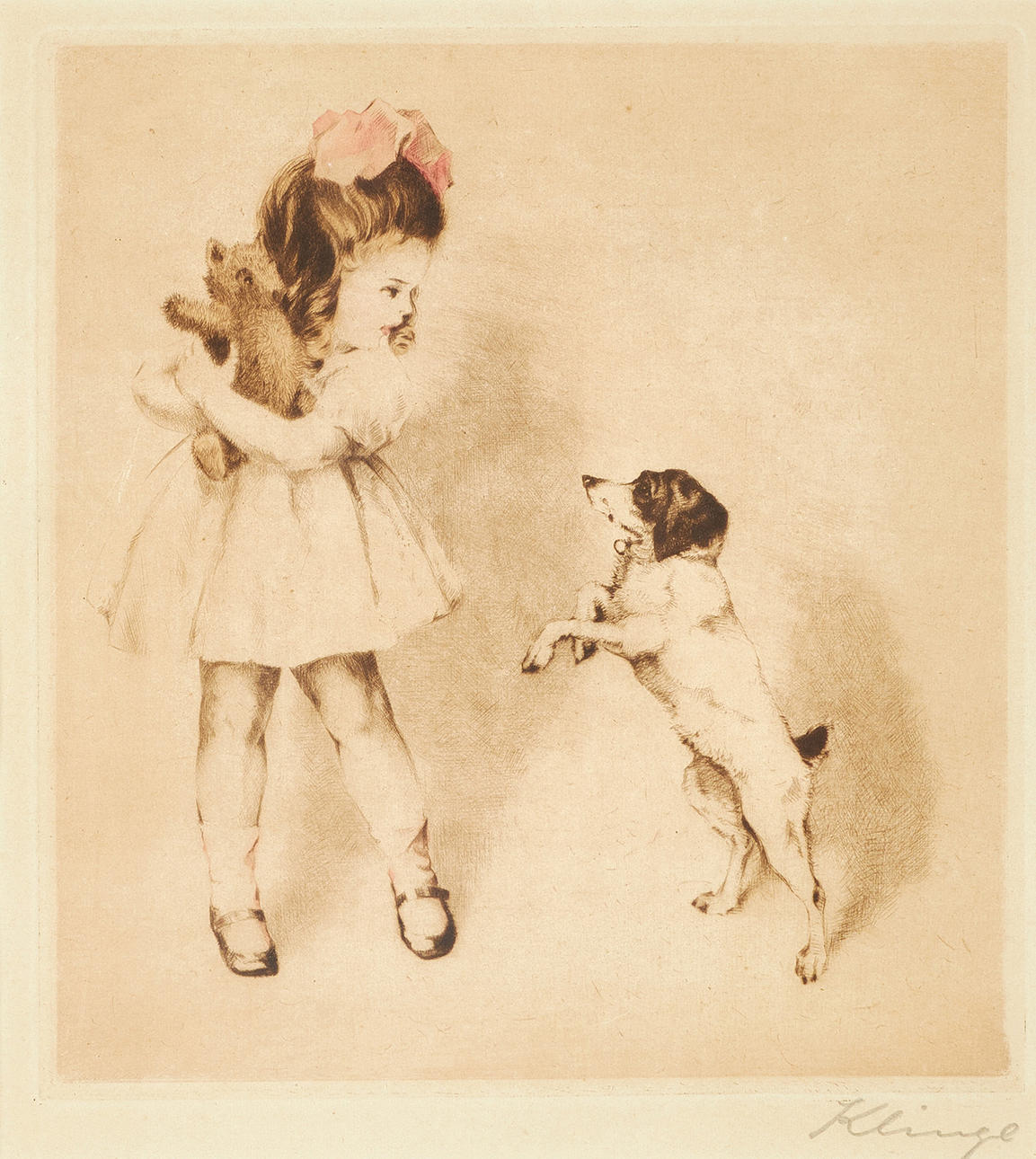 MAX KLINGER (1857-1920). Mädchen und Hund, signiert Klinger, Radierung.