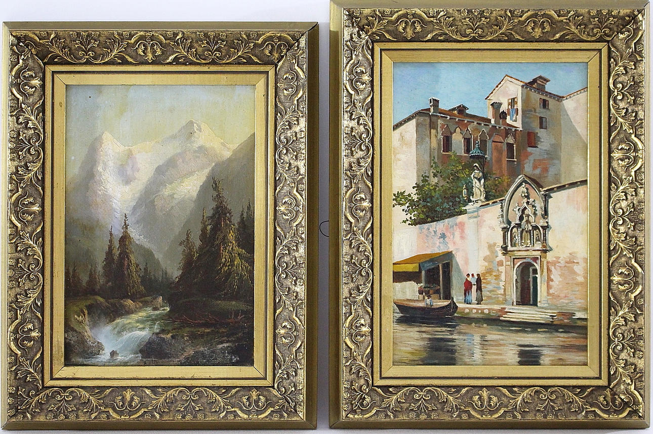 OIDENTIFIERAD KONSTNÄR. olja på duk, och pannå, kloster i Venedig, alplandskap.