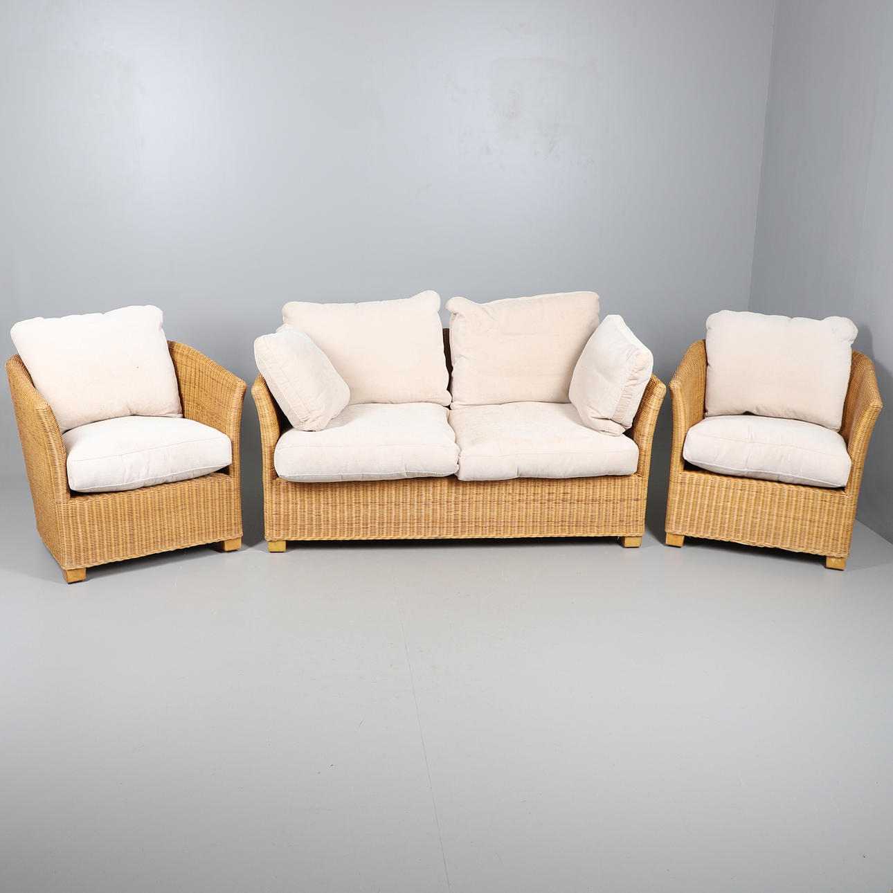 A JOHN LEWIS 3 PIECE RATTAN CONSERVATORY SUITE.