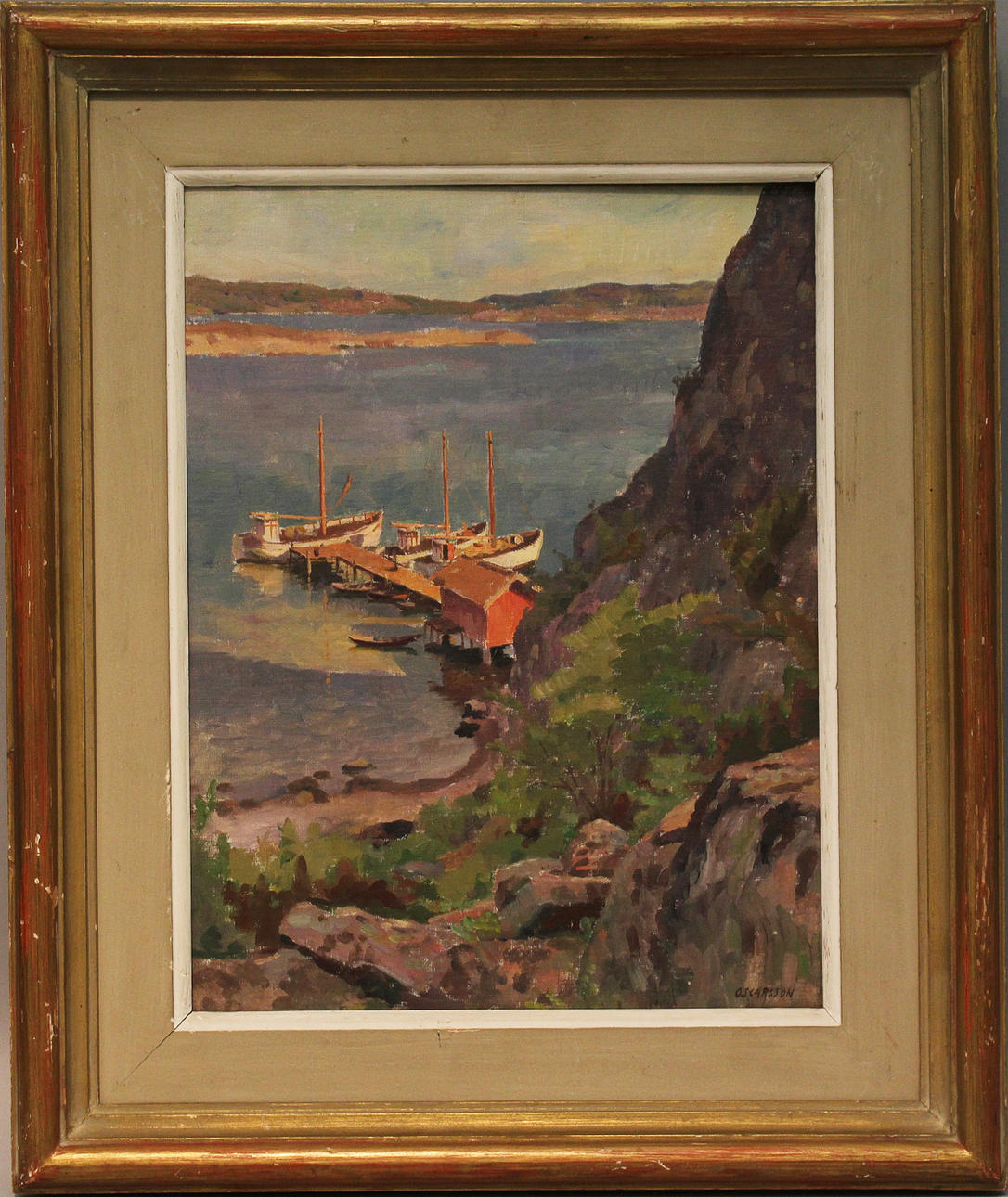 BERNARD OSCARSSON. Fiskeläget på västkusten. Olja på uppklistrad duk. Signerad Oscarsson.