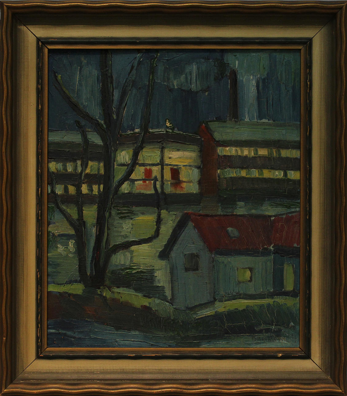 BIRGER STRÅÅT. "Nattmotiv från Norrköping". Olja på pannå. Signerad.