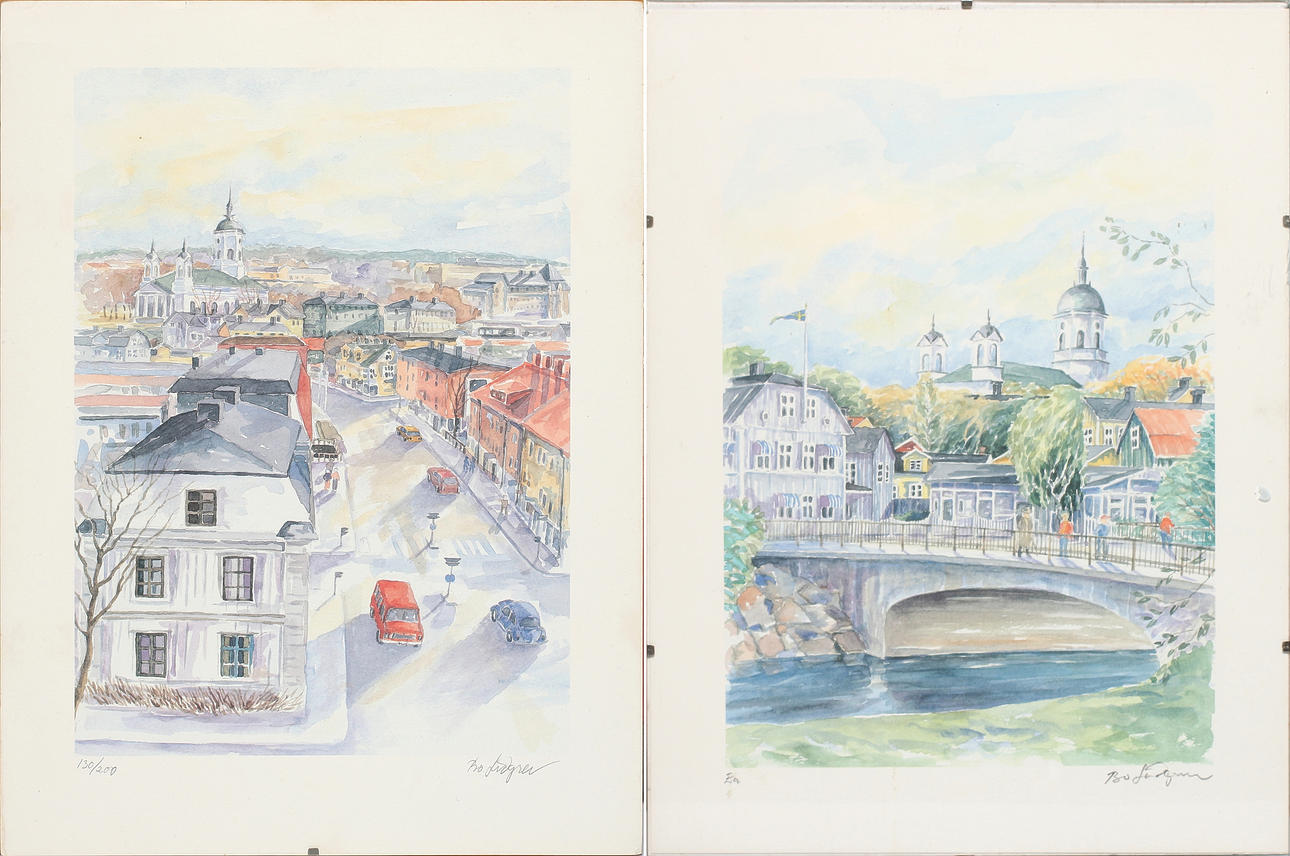 BO LIDGREN. Vy över Härnösands Kyrka, 2 st, färglitorgrafier, signerade.