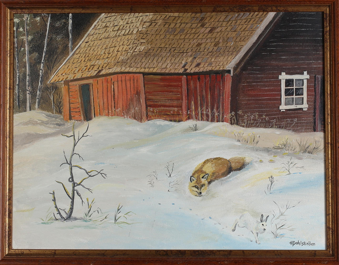 H DAHLSTRÖM. Räv i vinterlandskap, olja på pannå, signerad.