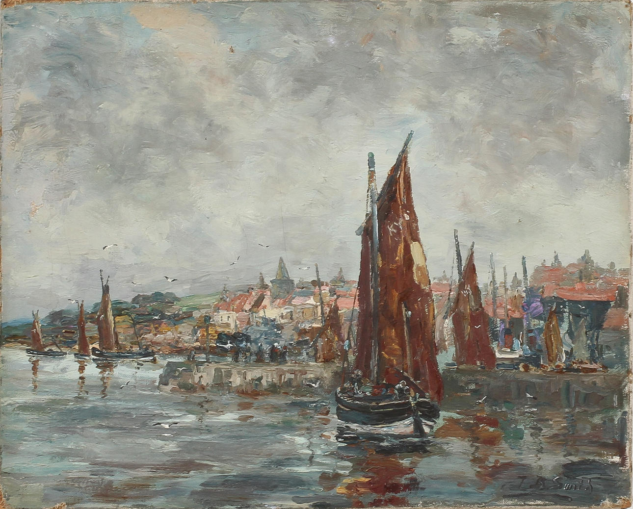 T.B SMITH. "Off to The fishing" olja på duk, signerad.