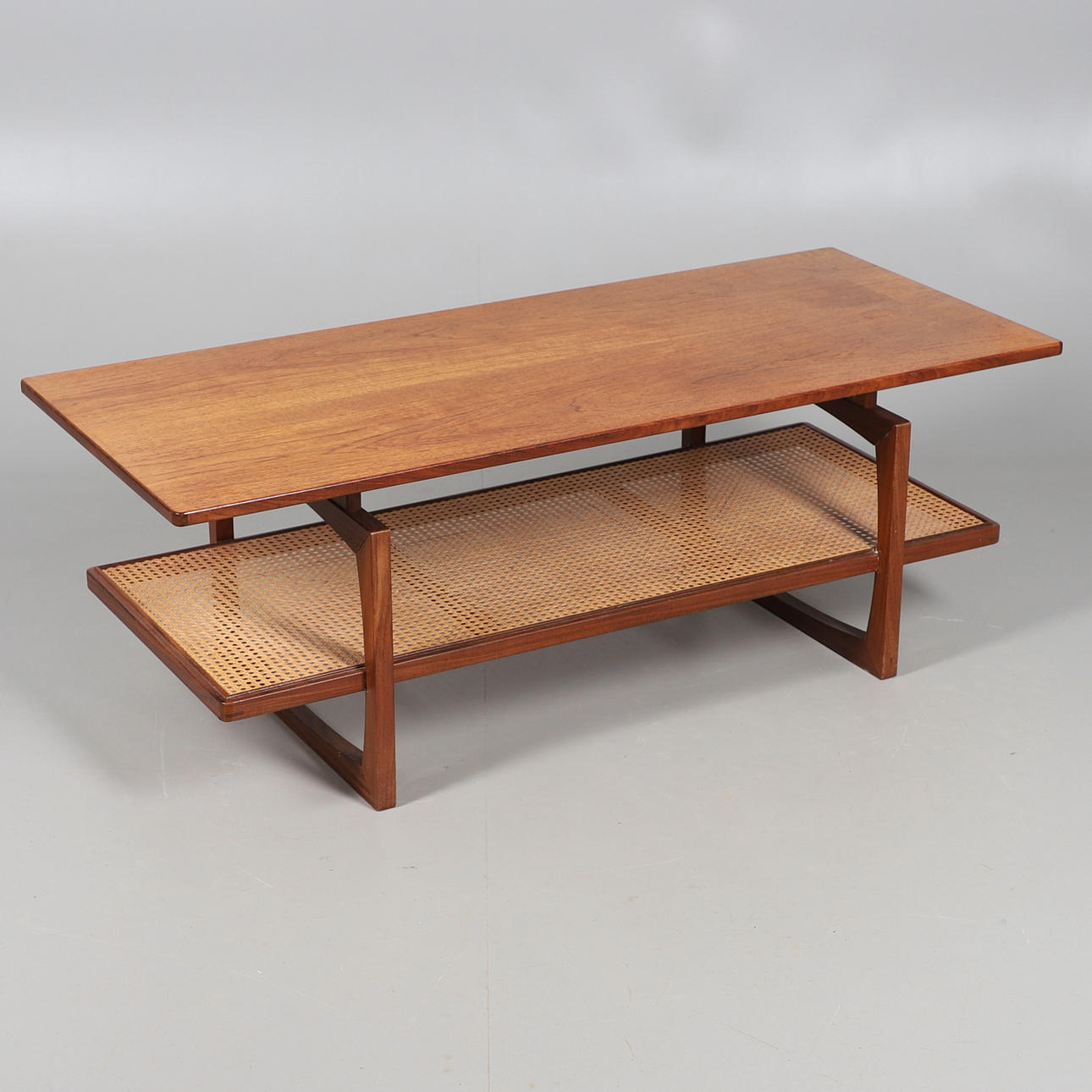 A RARE MID CENTURY LARGE G-PLAN TEAK AND RATTAN WEAVE RECTANGULAR COFFEE TABLE.