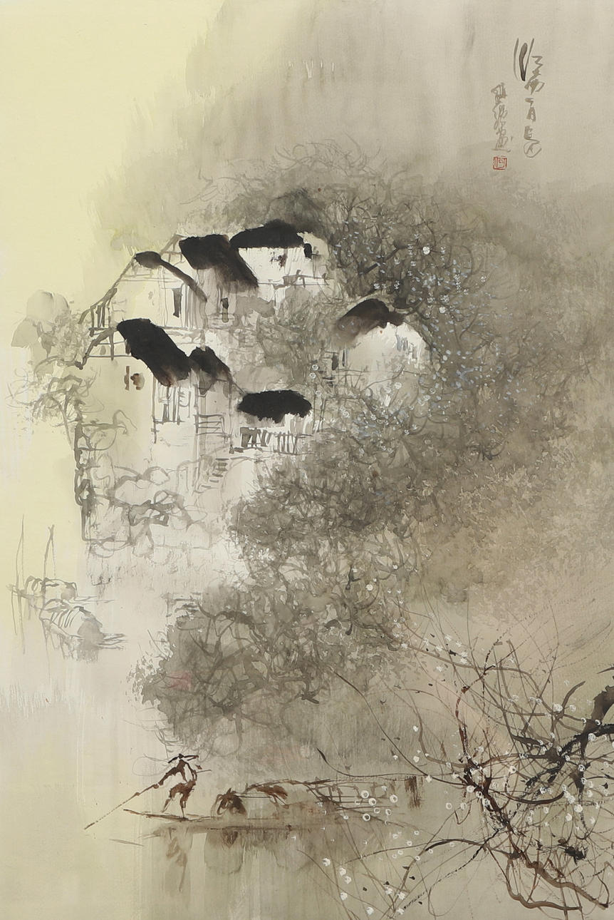 OIDENTIFIERAD KONSTNÄR. Aquarell, chinesische Landschaft, signiert.