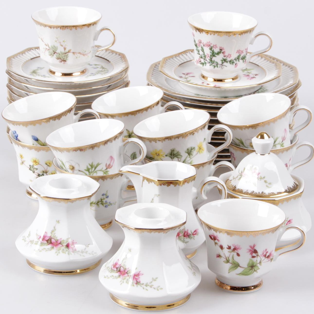 KAFFESERVIS, samt kaffeskedar, 53 delar, "Flora Alpina", Svaneholm.