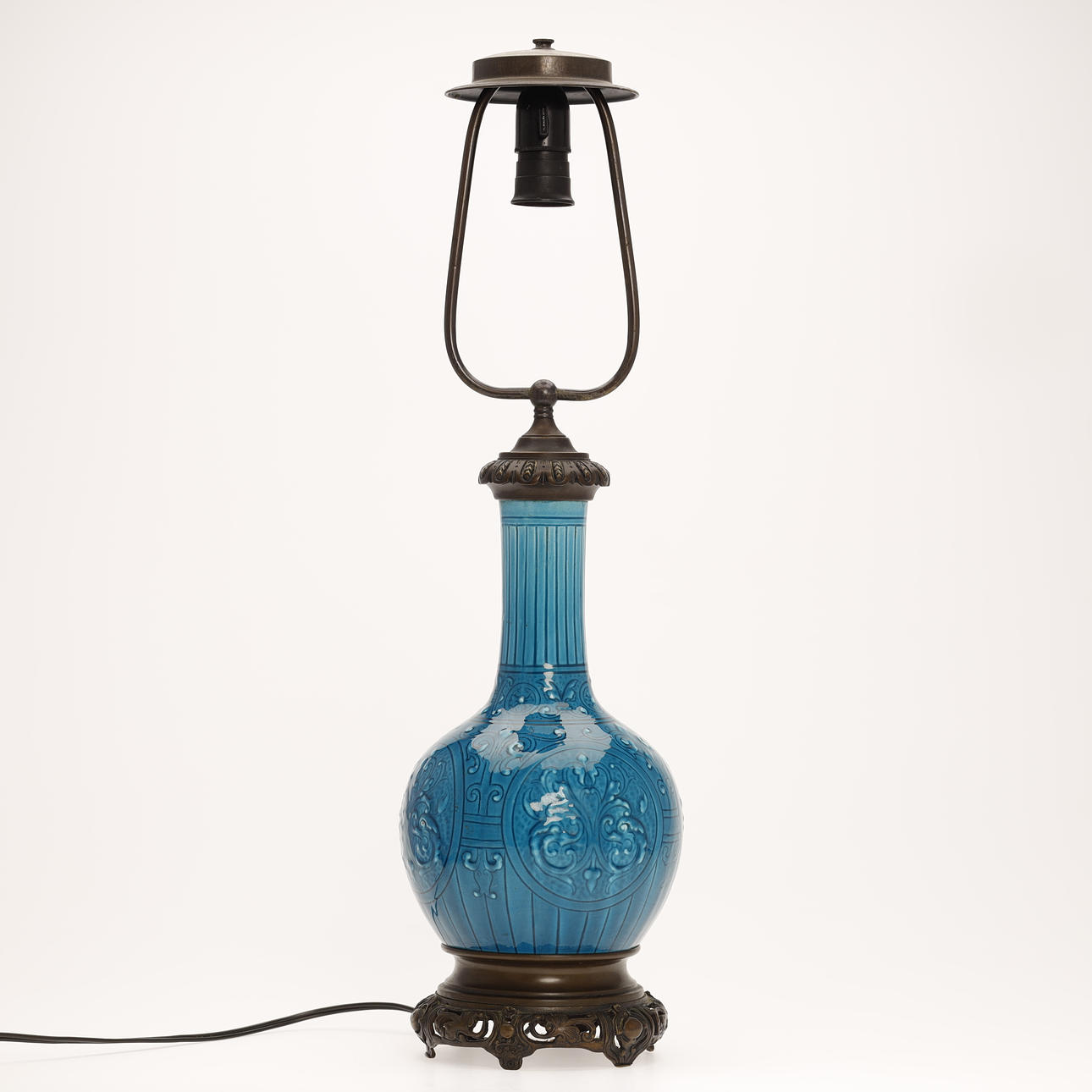 ATTRIBUTED TO THÉODORE DECK. Table lamp, blue-glazed ceramic, bronze mounting Belgium.