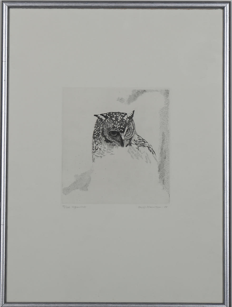 BERTIL MAURITZON. Uggla, kopparstick nr 43/300, signerad och daterad -84.