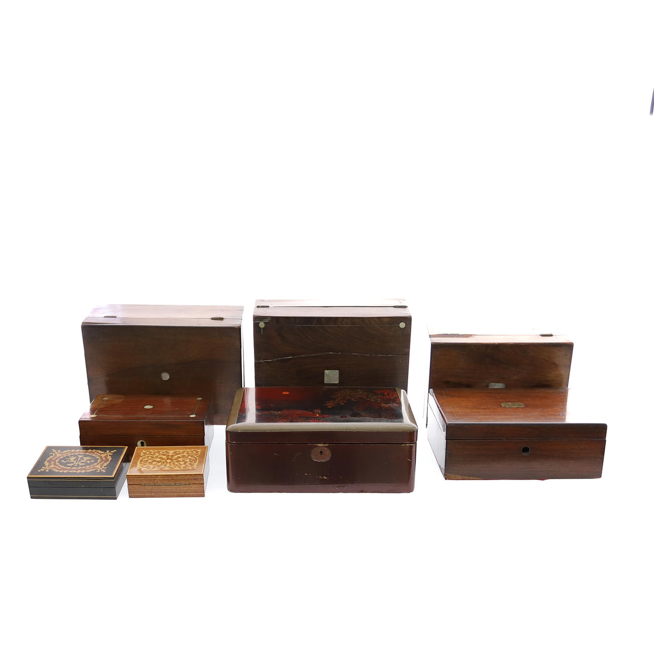 A COLLECTION OF FIVE VICTORIAN ROSEWOOD RECTANGULAR BOXES ...