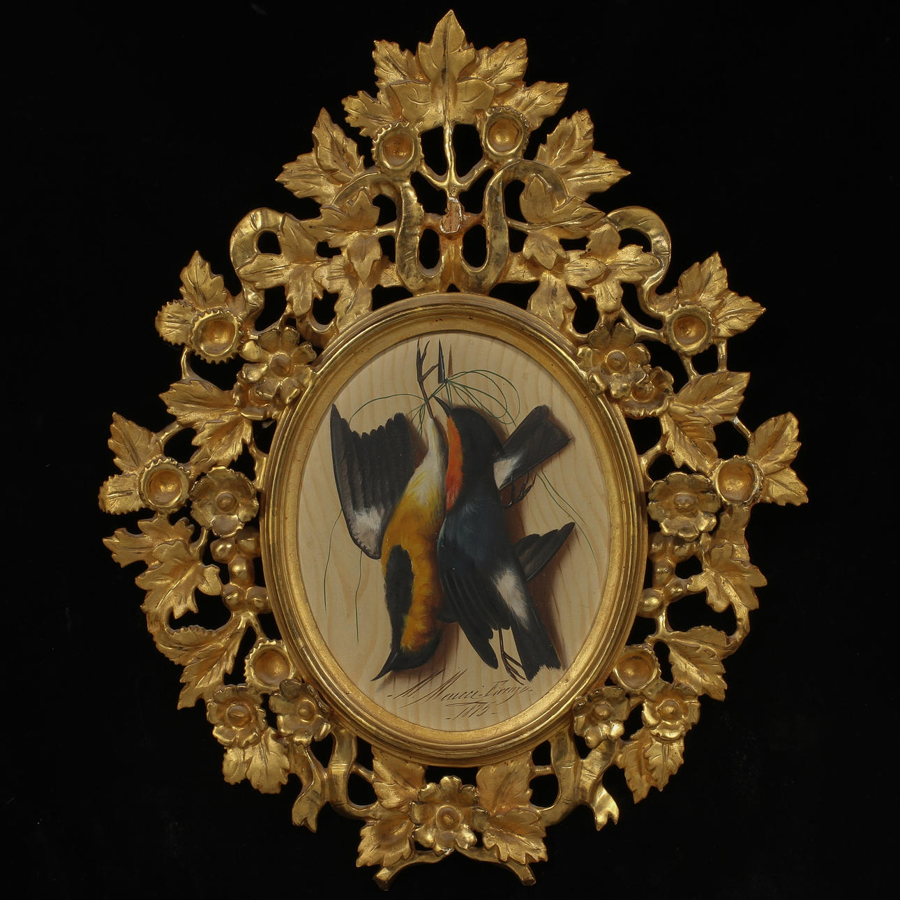 MICHELANGELO MEUCCI. Fågelstilleben, olja på pannå, signerad och daterad 1875.